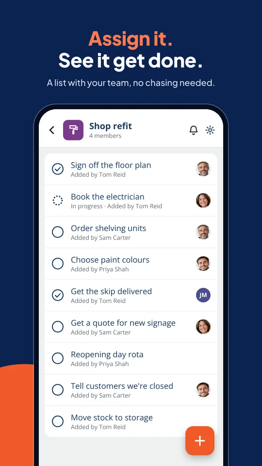 Shared task list with tasks assigned to people and progress ticked off