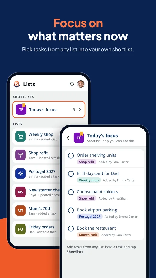 Private shortlist collecting tasks from several shared lists