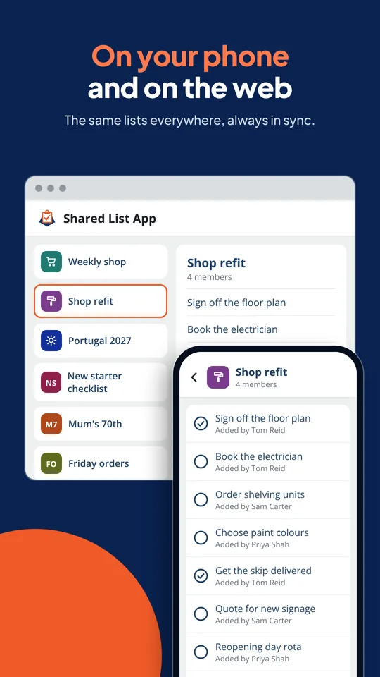 Shared List App running on a phone and in a web browser