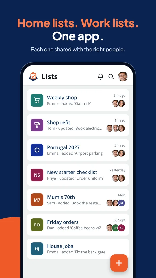 Shared List App home screen showing home and work task lists in one app