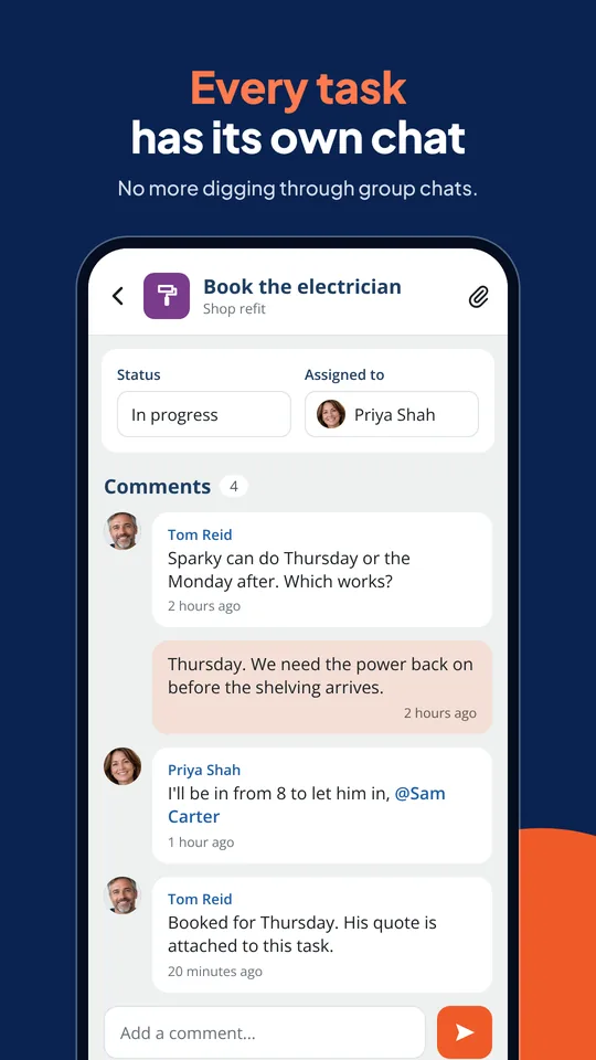 A task with its own comment chat, status and assignee